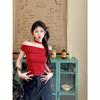 Moda de Verano Diseño Hombros Descubiertos Manga Corta Ajustado Ajustado Chic Retro Spice Girls Versátil Hermoso Top Pequeño Ins