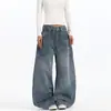 Retro Americano Textura de Junta de Bambú Perforación en Caliente Sentido de Diseño Pantalones Vaqueros de Corte Curvo para Hombres y Mujeres Marca de Moda Silueta Holgada Lavada Pantalones de Pierna Ancha