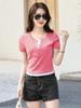 Camiseta de verano para mujer, de manga corta, con escote en V y dos botones falsos, estilo coreano, color rojo sandía dulce, cintura alta