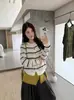 Fábrica de Suéteres Dalan Source Otoño 2026 Nuevo Cárdigan de Punto Rayado Color-Block Vintage para Mujer, Top Versátil de Cuello Redondo