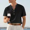 Camisa Casual Holgada de Verano para Hombre Estilo Europeo y Americano para Hombre Casual Cuello Mao Botones Lino Manga Corta Color Sólido Talla Grande Hombre