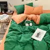 Nuevo Estilo Ins Color Sólido Dos Tonos Algodón Lavado Juego de Cuatro Piezas Sábana Suave y Sencilla Funda Nórdica Cama de Dormitorio Estudiantil Juego de Tres Piezas 4