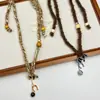 Colar Tricotado com Fio de Contas Color-Blocking Maillard para Mulheres, Acessório Estilo Étnico Boêmio, Corrente de Suéter Vintage para Outono e Inverno