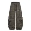 Pantalones Casuales de Lana a Cuadros Bordados Estilo Retro Americano para Mujer Nuevos Holgados Perezosos Plisados Adelgazantes de Pierna Ancha Tipo Cimitarra