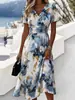 Vestido de Verano 2026 Nuevo para Mujer, Estampado Dulce de Manga Corta, Corte Ajustado, Elegante, Cuello en V, Transfronterizo Europeo y Americano de Amazon