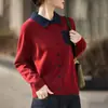 Nuevo Estilo Cárdigan de Lana Fina para Mujer con Cuello Polo, Bordado Color-Blocking, Suéter de Ganchillo, Chaqueta de Punto Holgada con Bolsillos
