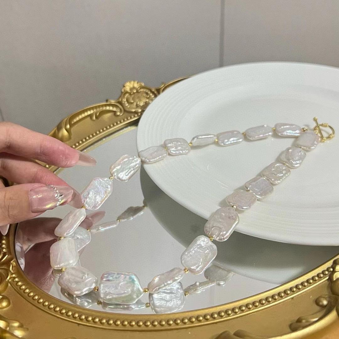 方块巴洛克两件套装天然强光方巴洛克淡水珍珠14k注