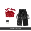Conjunto de Jazz para Niñas, Top Rojo Brillante de Lentejuelas Hip-Hop para Niña con Pantalones de Cuero Negros, Disfraz de Baile Callejero para Niños