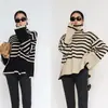 Outono e Inverno Europeu e Americano Novo Design Solto Nicho Listrado Gola Alta Tricô Feminino Versátil Tricô Tricotado Suéter Jaqueta