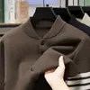 Suéter Masculino Juvenil de Malha com Zíper Meio Alto e Listras Verticais, Manga Longa, para Primavera, Outono e Inverno, Quente e Grosso, Estilo Casual e Relaxado
