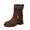 Botas curtas retrô com salto grosso e rebites para mulheres, de cano médio com fivela de cinto, botas western cowboy em camurça, novas botas de outono e inverno de tamanho grande