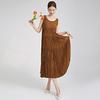 Vestido de Verão Feminino Gola Redonda Sem Mangas Solto Caimento Saia Midi Linha A Vestido Elegante Saia Plissada