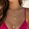 Joyería de Estilo Europeo y Americano, Cadena de Clavícula Multicapa para Estilo de Vacaciones en la Costa, Collar Personalizado de Concha Marina, Estrella de Mar y Perlas