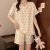 Pijama de Algodão Nuvem para Mulheres, Verão Fino de Manga Curta e Shorts, Listras Doces de Desenho Animado, Conjunto Solto de Roupas para Casa Estudantil