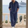 Conjunto de Ropa de Verano Nuevo para Hombre Sudadera Holgada Camisa Traje de Lino Casual Pantalones Rectos de Pierna Ancha para Hombre