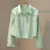 Jaqueta de Trabalho Camisa Azul Água Claro para Mulheres, Camisa de Manga Longa Proteção Solar Petite para Primavera e Outono, Top Curto Elegante de Início de Outono