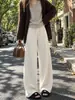Calça de lã feminina de perna larga, nova coleção outono/inverno 2026, branca, perna reta, corte solto, estilo casual, adequada para baixinhas, com barra levemente curvada