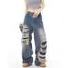 Jeans rasgados de design vintage de rua de nicho estilo americano para mulheres, calças compridas de cintura alta soltas para o outono com vibe street style