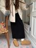 Saia Midi Elegante de Veludo Cotelê de Cintura Alta que Molda o Corpo para Mulheres no Outono e Inverno Saia Emagrecedora Espessa com Fendas Saia Evasê