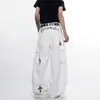 Jeans de otoño estilo americano con estampado de leopardo, bordados de cruz en forma de hoz para hombres y mujeres, pantalones cargo holgados de pierna ancha con bolsillos grandes