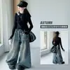 Conjunto de jeans moderno e estiloso para dança jazz de meninas, roupa de outono para crianças mais velhas, calça de perna larga desfiada com estampa de letras americanas de manga longa
