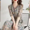 Vestido de seda de amoreira, vestido floral francês para o chá, vestido elegante feminino com acinturamento e corte A, roupas femininas de verão