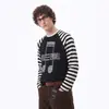 Camiseta Listrada Patchwork Manga Longa Estilo Retrô Americano para Homens e Mulheres Outono Tendência Marca Solta Casal Manga Raglan Versátil Top
