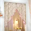 Meia-cortina de cozinha com bordado, não requer furar, vem com haste telescópica, cortina de voil com renda decorativa, entrada com contas estilo francês, estilo pastoral