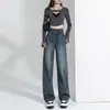 Jeans Wide Leg Cinza Preto Feminino Outono e Inverno 2024 Novo com Forro de Lã Espessado Retro Americano Cintura Alta Reta Calça de Perna Longa