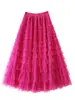 Falda de Pastel con Retazos de Malla Roja Navideña 2026 Nuevo Estilo Otoño e Invierno Falda de Longitud Media Falda Línea A Falda de Gasa Abullonada