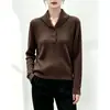 Camisa Base Macia com Gola Reversível e Meio Botão com Textura Canelada Vertical, Blusa de Manga Longa Curta para Trajeto, Blusa Lisa de Início de Outono para Figuras Baixas