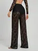 Pantalones largos acampanados transparentes con retazos de encaje de cintura alta sexy de venta caliente estilo ins europeo y americano para mujer, ropa transfronteriza