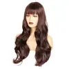 Peruca europeia e americana de cabeça inteira para mulheres, cabelo preto longo e ondulado com franja, aplique de cabeça inteira de fibra de alta temperatura