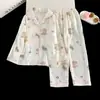Conjunto de ropa de casa para niños con cuello de solapa, adecuado para primavera y otoño, fino y ligero, cárdigan de manga larga, estilo coreano, pijama de algodón con estampado de nubes para niñas