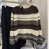 Suéter de tricô listrado color block estilo coreano para mulheres, caimento solto, modelador, gola redonda, manga longa, versátil, suéter fino, top base para outono