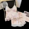 Pijama de Seda de Hielo para Mujer, Verano, con Copas en el Pecho, Delgado, Encaje, Camisola, Shorts, Sexy, Dulce, Estilo Puro Deseo, Conjunto de Ropa para el Hogar