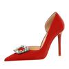Zapatos de Salón 626-K2, Tacones de Aguja, Tacones Súper Altos, Boca Escotada, Punta Afilada, Recortes Laterales, Hebillas Metálicas con Pedrería, Zapatos de Estilo Europeo y Americano