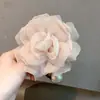 Goma para el pelo grande de organza con perla de rosa para mujer, Lazo para coleta baja, Accesorio para el pelo de tela suave y elegante para banquetes