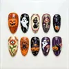 Uñas postizas de comercio exterior de alta gama con relieve 3D de calabaza, fantasma, hongo venenoso, forma de almendra, puntas de uñas