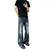 Jeans Retro de Retazos Azules a Rayas Micro Acampanados para Hombre Estilo Otoñal Vibe Americana Pantalones de Corte Limpio Pierna Recta