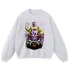 Sudadera con capucha y estampado de dibujos animados desgastada, negro lavado retro americano, moderna, estilo anime, sudadera de cuello redondo sin cierre