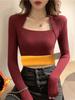 Suéter de punto de color liso con cuello en U para mujer, forrado con vellón grueso, para otoño e invierno de 2024, nueva camisa básica de moda.