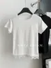 Novo Estilo de Verão 2025 95% Algodão Fina Cor Lisa Barra com Renda Costurada Manga Curta Camiseta Feminina Solta Casual Top Tendência