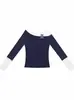 Top de estilo coreano de manga larga, imitación de dos piezas, con estampado de lunares y patchwork, cuello redondo grande, decoración de lazo, corte ajustado, camiseta de color puro y atractivo con bloques de color para mujer