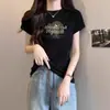 Camiseta Preta Tendência Slim-Fit de Manga Curta para Mulheres, Top de Verão Único e Estiloso