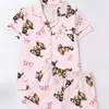 Comércio Exterior Transfronteiriço Pijama Feminino Mais Vendido com Golas Estampadas, Manga Curta, Shorts, Roupa de Dormir Estilo Europeu e Americano, Cardigã, Solto e Confortável