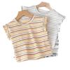 Camiseta de Verano para Niñas Bebé Elegante Infantil Moderna Marca Versión Coreana Bloque de Color Rayas Encaje Manga Aleteo Top de Moda