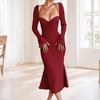 YJ24352 Outono 2024 Nova Saia de Quadril Estilo Europeu e Americano Elegante Decote Manga Longa Cinto Fino Ajuste ao Corpo Vestido Feminino
