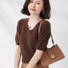 Primavera e Outono Manga Média Não Lã Malha Top de Manga Curta Feminino Novo Elegante Decote em V Slim-Fit Cinco Mangas Base-Layer Camisa da Moda