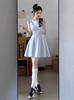 Vestido Azul Sem Manga para Mulheres, Lindo Vestido Curto de Verão, Vestido Curto Dopamina Linha A Cintura Marcada, Dá a Impressão de Emagrecer Quando Usado